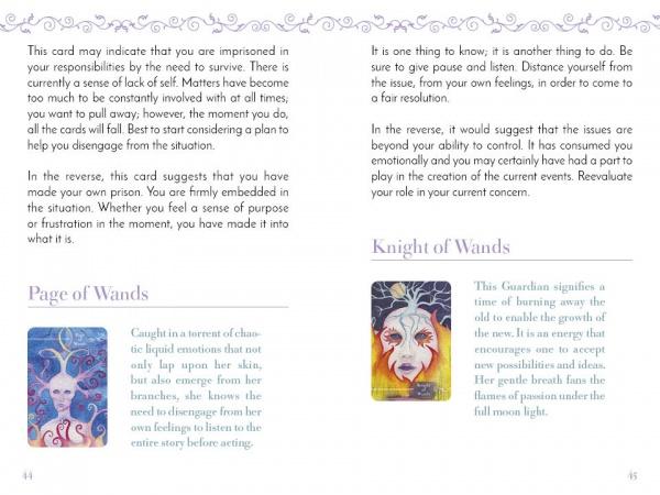 Card with text and illustrations of a 'Page of Wands' and 'Knight of Wands' from a tarot or oracle card deck.
