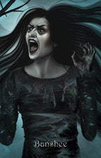 Artistic depiction of a woman with long dark hair and a distressed expression, labeled 'Banshee'.