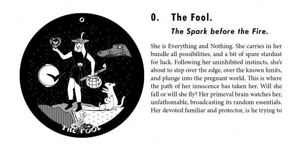 Illustration of 'The Fool' from a tarot card, with text describing the card's meaning.