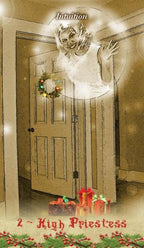 A sepia-toned illustrated scene showing a closed door with a small holiday wreath, glowing light effects, and wrapped gifts at the bottom. Text at the top reads 'Intuition' and text at the bottom reads '2 ~ High Priestess'.