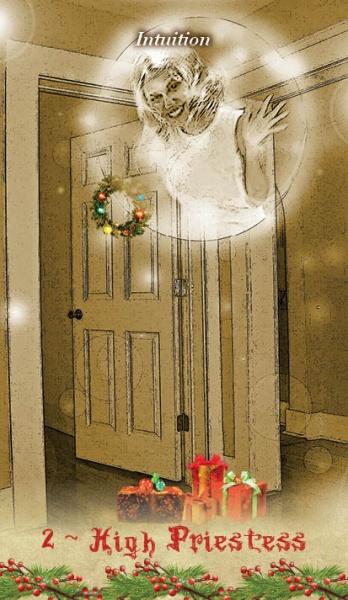 A sepia-toned illustrated scene showing a closed door with a small holiday wreath, glowing light effects, and wrapped gifts at the bottom. Text at the top reads 'Intuition' and text at the bottom reads '2 ~ High Priestess'.
