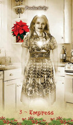 A sepia-toned vintage-style illustration of a woman in a floral dress standing in a kitchen, with the text 'Productivity' at the top and '3 ~ Empress' at the bottom. A red poinsettia and green holly decorate the scene.