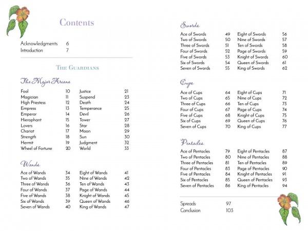 Table of contents for a tarot card book with illustrations and text.