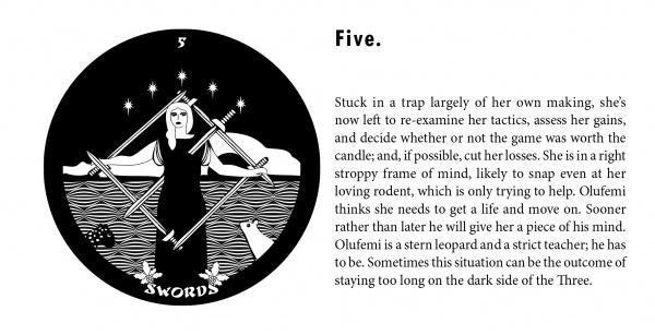 Black and white illustration of a tarot card with 'Swords' and text on a white background