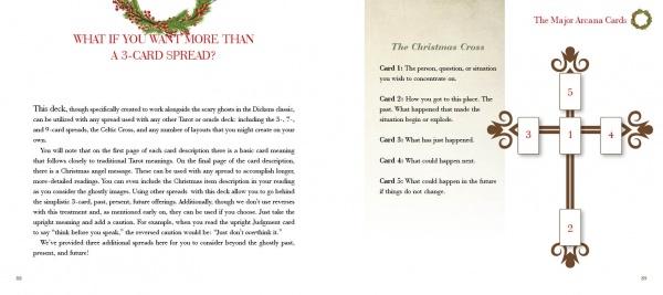 A printed card deck instructions sheet showing three panels: a left text panel titled 'WHAT IF YOU WANT MORE THAN A 3-CARD SPREAD?', a middle panel titled 'The Christmas Cross' with card meanings, and a right panel titled 'The Major Tarot Cards' with a card spread diagram.