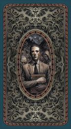 Vintage-style illustration of a man holding a book with ornate border