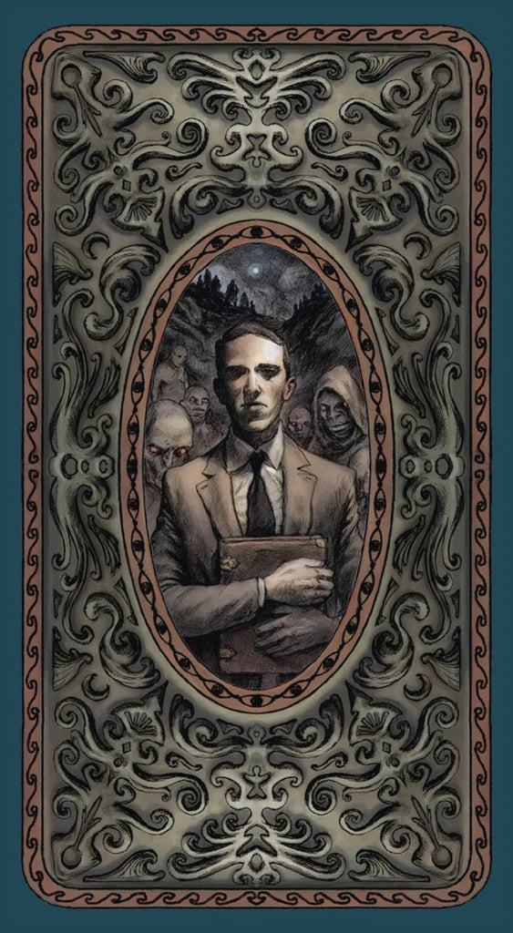 Vintage-style illustration of a man holding a book with ornate border