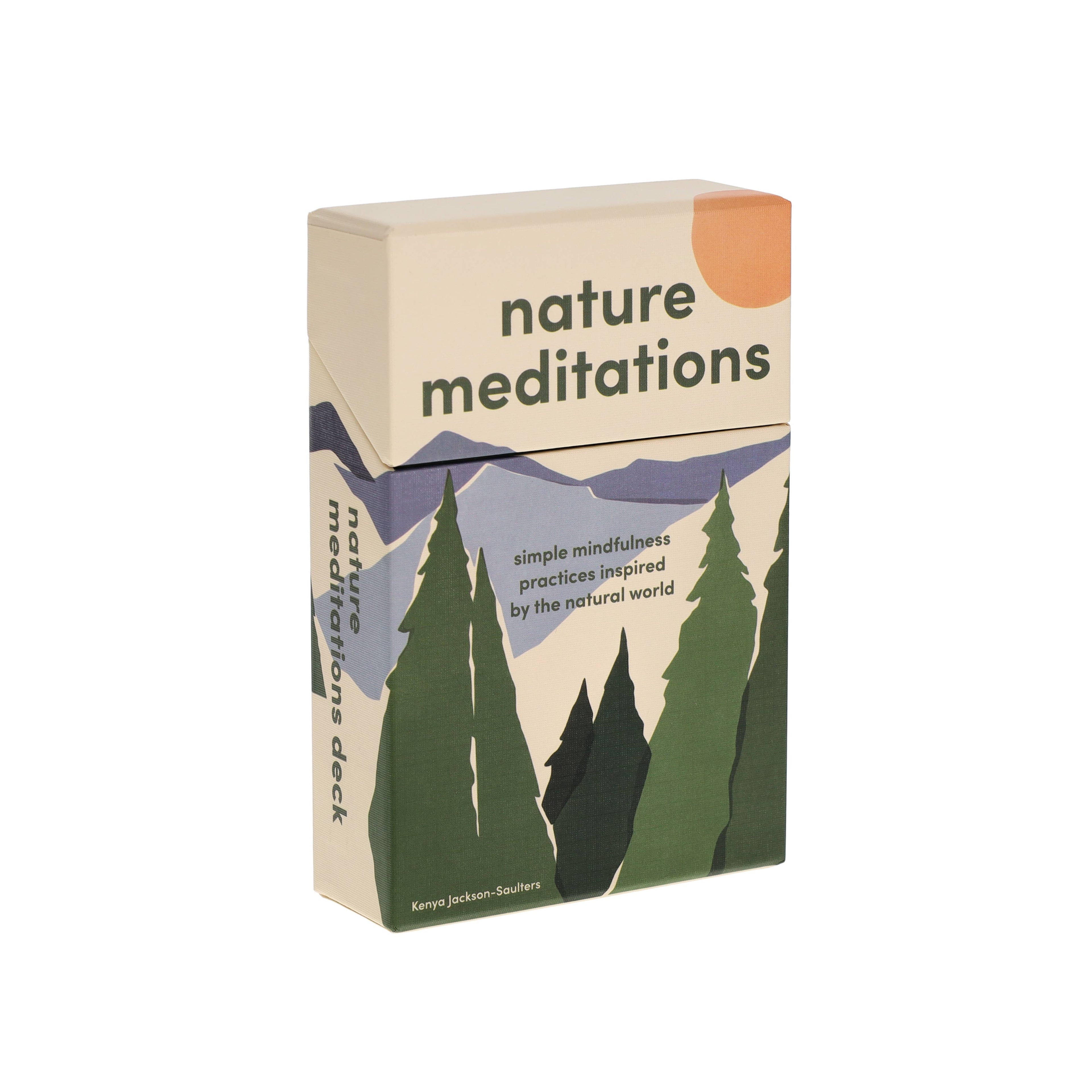 Box of 'Nature Meditations' with mountain and tree design on a white background