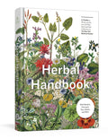 Book titled 'Herbal Handbook' with botanical illustrations on a white background
