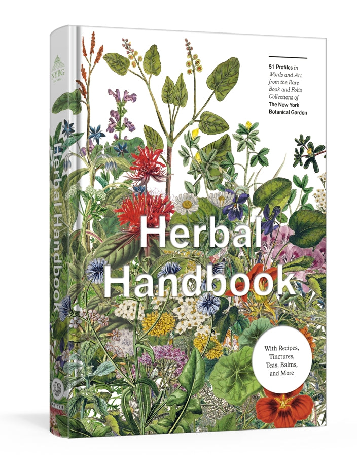 Book titled 'Herbal Handbook' with botanical illustrations on a white background