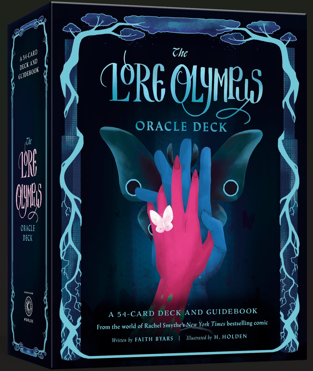 Lore Olympus Oracle Deck packaging with hands holding a butterfly against a dark background