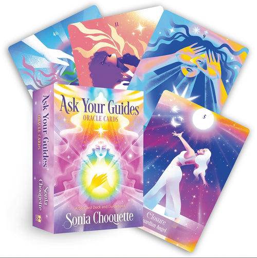 Set of 'Ask Your Guides' oracle cards by Sonia Choquette with colorful designs and a guidebook.