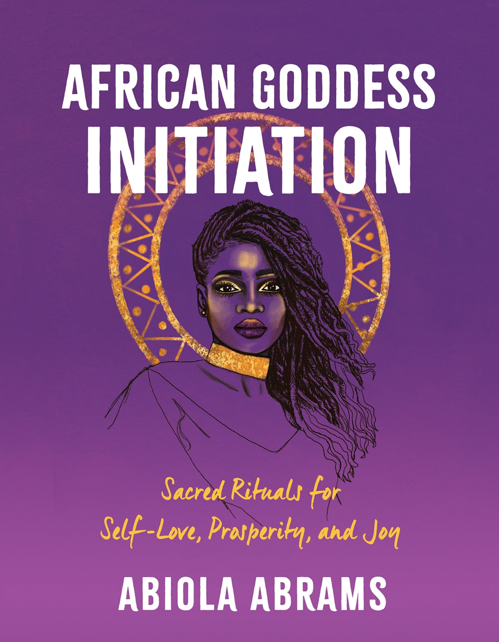 Book cover for 'African Goddess Initiation' by Abiola Abrams, featuring a stylized portrait of a woman with long dark hair on a purple background with gold and white text.