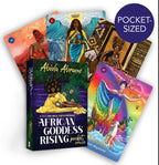 A fanned-out display of the 'African Goddess Rising' pocket tarot deck by Abiola Abrams, showing several colorful illustrated cards and the book cover, with a purple 'POCKET-SIZED' badge in the top right corner.