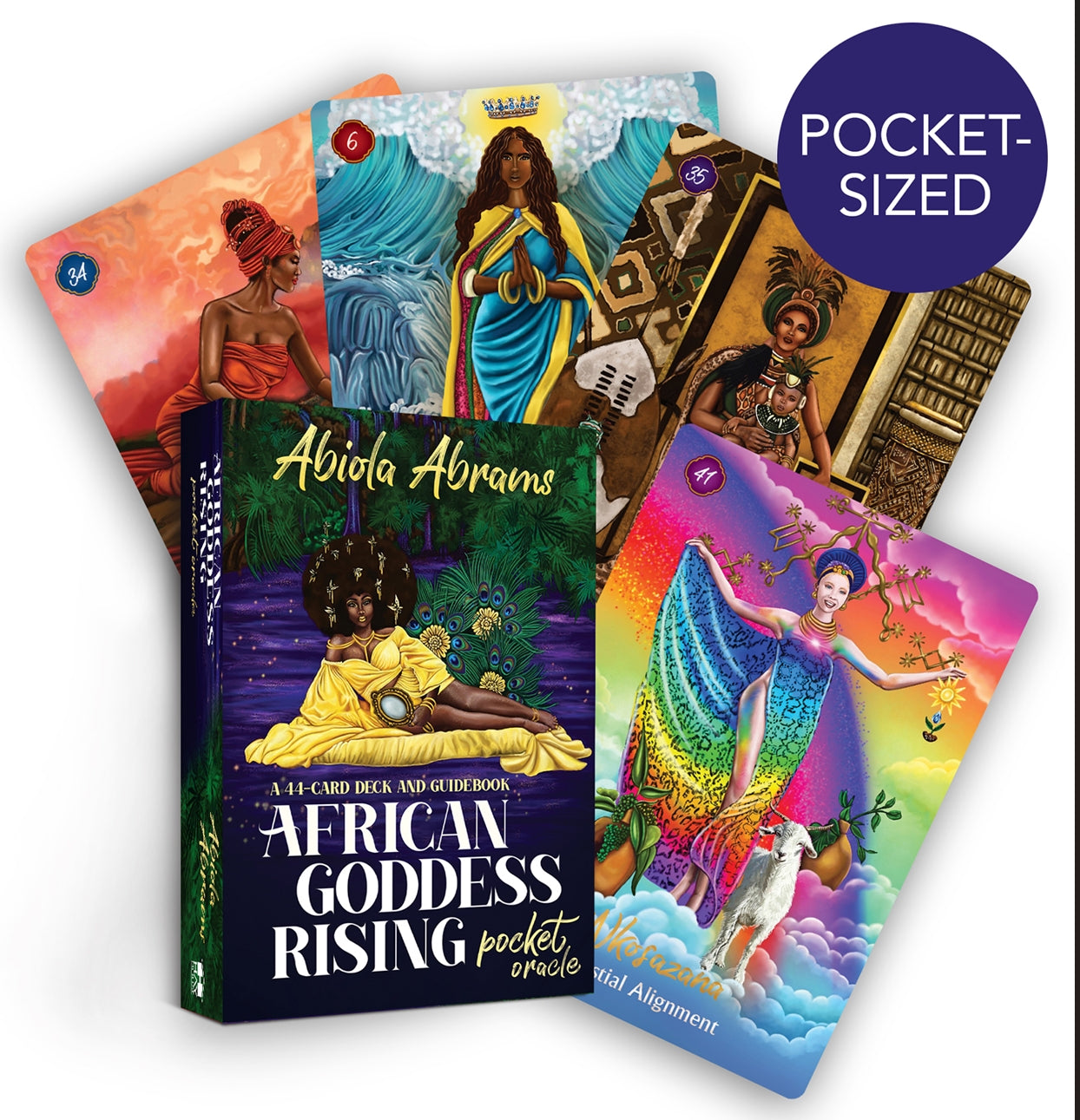 A fanned-out display of the 'African Goddess Rising' pocket tarot deck by Abiola Abrams, showing several colorful illustrated cards and the book cover, with a purple 'POCKET-SIZED' badge in the top right corner.