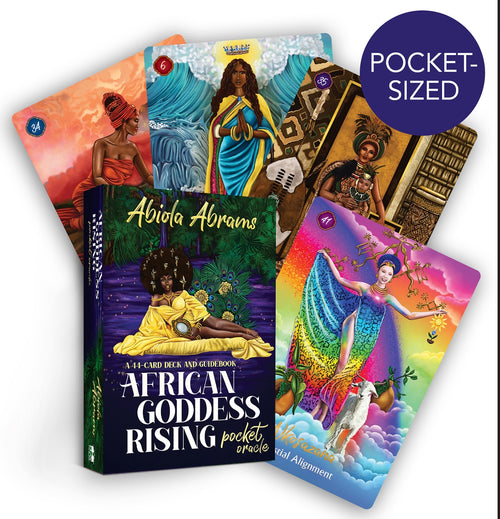 A fanned-out display of the 'African Goddess Rising' pocket tarot deck by Abiola Abrams, showing several colorful illustrated cards and the book cover, with a purple 'POCKET-SIZED' badge in the top right corner.