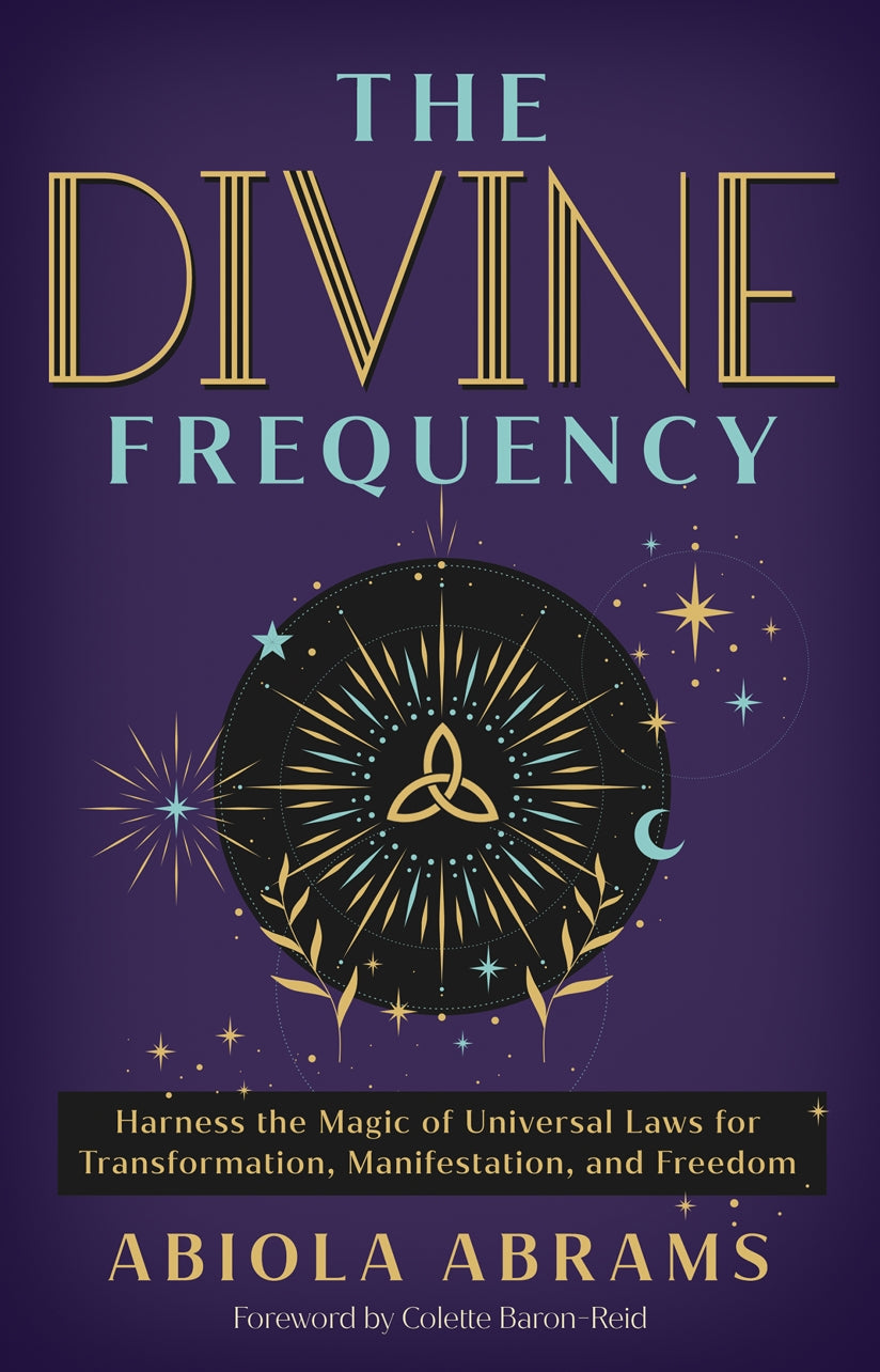 Book cover for 'The Divine Frequency' by Abiola Abrams, featuring a dark purple background with gold and light blue text and celestial graphics.