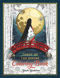 Front cover of the 'Tarot of the Divine Coloring Book' by Yoshi Yoshitani, featuring a detailed illustration of a woman with long black hair standing on a red bridge in front of a large yellow moon, framed by white birch trees.