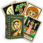 The Omen Oracle deck box and several illustrated oracle cards arranged together on a white background. The box is dark green with gold lettering and a central illustrated face.