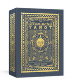 The Illuminated Tarot deck box by Caitlin Kegan, featuring a dark navy blue cover with ornate gold foil illustrations and text, shown at a three-quarter angle on a white background.