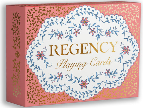 A boxed card game product labeled 'REGENCY Playing Cards' on a plain white background. The box is pink with gold ornamental patterning and a large white central label featuring blue floral vine illustrations and gold lettering.