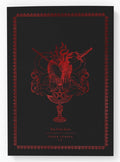 A black poster or art print featuring a red gothic illustration of a heart, dagger, pentagram, and decorative border, with the text 'The Seven Sisters' and 'SENSE FEMINA No. 12' near the bottom.
