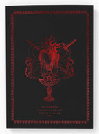 A black poster or art print featuring a red gothic illustration of a heart, dagger, pentagram, and decorative border, with the text 'The Seven Sisters' and 'SENSE FEMINA No. 12' near the bottom.