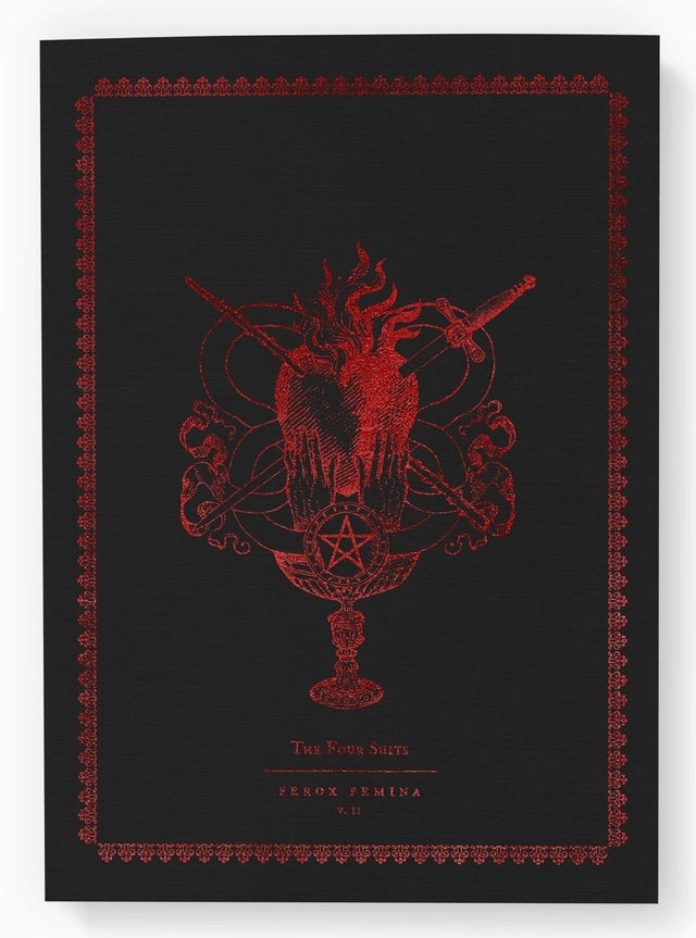A black poster or art print featuring a red gothic illustration of a heart, dagger, pentagram, and decorative border, with the text 'The Seven Sisters' and 'SENSE FEMINA No. 12' near the bottom.