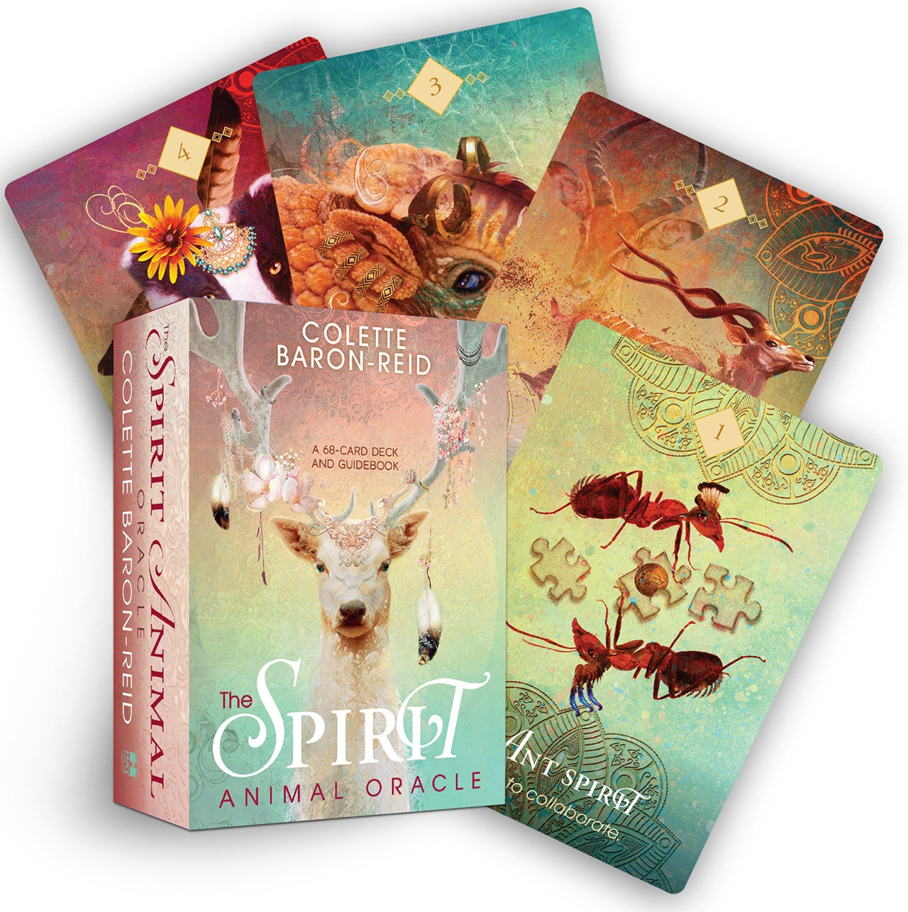 Three cards from 'The Spirit Animal Oracle' by Colette Baron-Reid on a white background