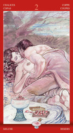 Illustration of two people embracing with a red border and text at the top and bottom.