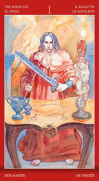 Tarot card featuring a figure holding a sword at a table with various objects, surrounded by red borders and text.