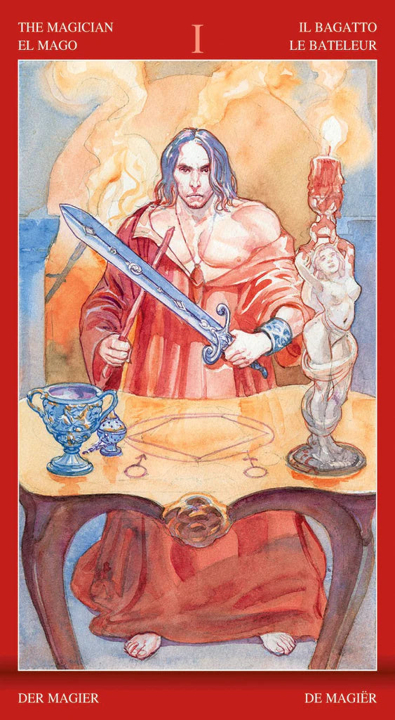 Tarot card featuring a figure holding a sword at a table with various objects, surrounded by red borders and text.