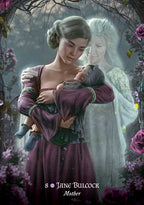 Woman in a historical dress holding a child with another woman in the background, surrounded by flowers.