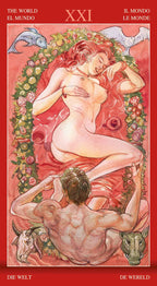 Illustration of a tarot card featuring two nude figures with floral and animal elements on a red background.