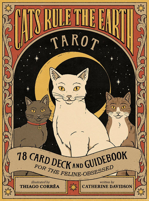 Cover of 'Cats Rule the Earth Tarot' with three cats and decorative border