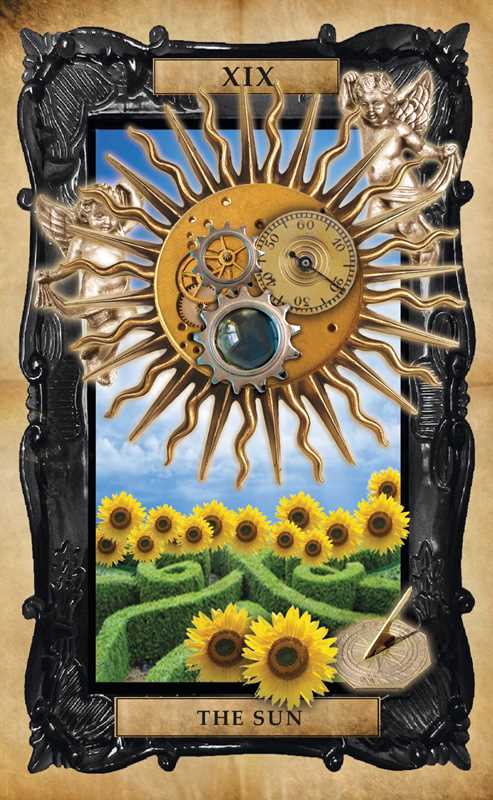 Decorative card with sunflower design and mechanical elements, framed with intricate details.
