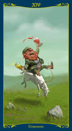Tarot card featuring a character on a horse with a drink, set against a green landscape.