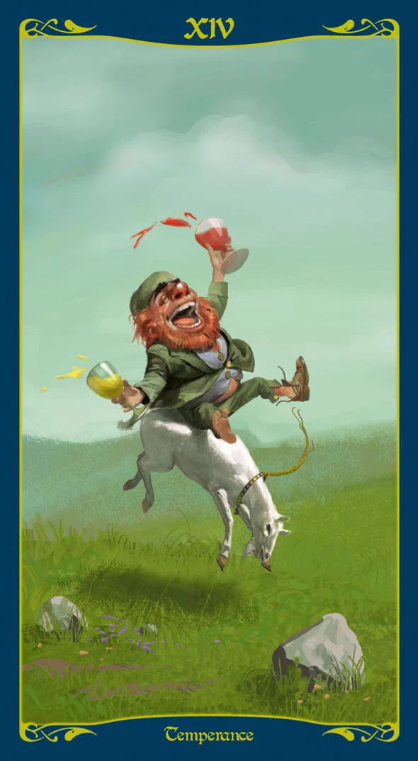 Tarot card featuring a character on a horse with a drink, set against a green landscape.