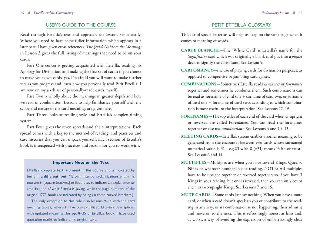 A printed page from a card game guide titled 'Estrilla and the Cardinomy' showing sections including 'User's Guide to the Course,' 'Petit Estellia Glossary,' and explanatory notes about card terms, with black text on a white page.