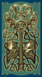 Decorative emblem with intertwined faces and red gemstones on a teal background