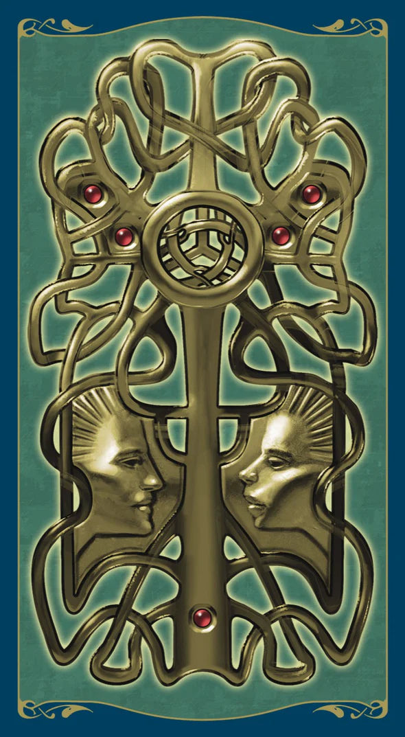 Decorative emblem with intertwined faces and red gemstones on a teal background
