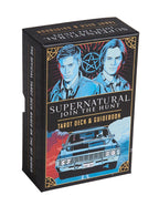 Supernatural tarot deck and guidebook packaging with characters and car illustration.