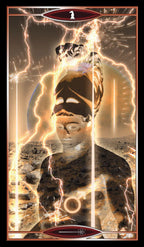 Artistic depiction of a figure with glowing energy effects in a desert setting