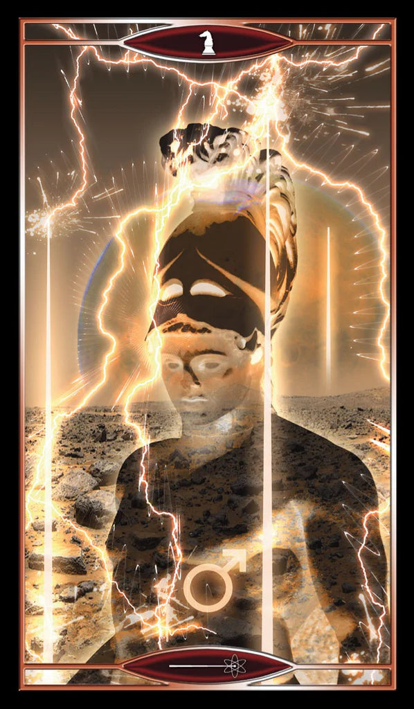 Artistic depiction of a figure with glowing energy effects in a desert setting