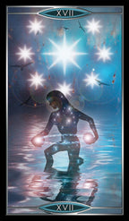Tarot card with a figure holding glowing orbs against a starry sky
