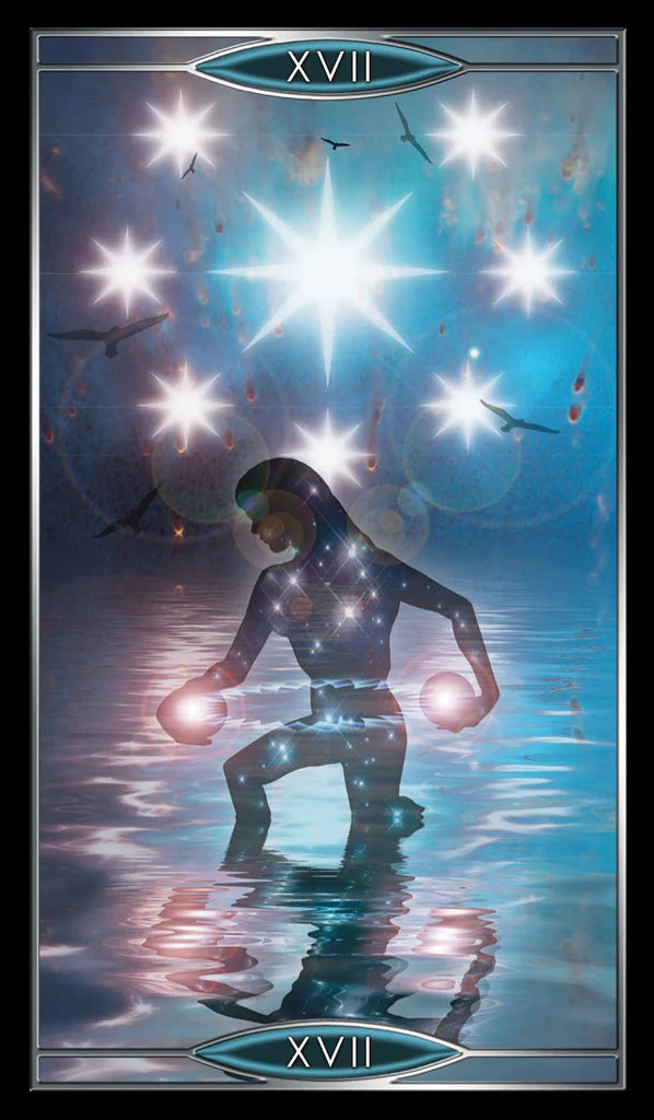 Tarot card with a figure holding glowing orbs against a starry sky