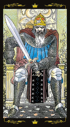 Illustration of a warrior in armor with a sword, wearing a crown, on a detailed background.