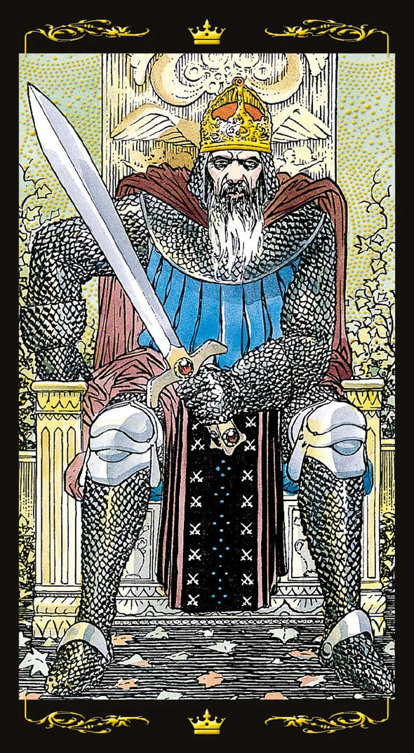Illustration of a warrior in armor with a sword, wearing a crown, on a detailed background.