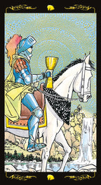 Colorful illustration of a knight on horseback with armor and a sword, holding a cup, against a decorative background.
