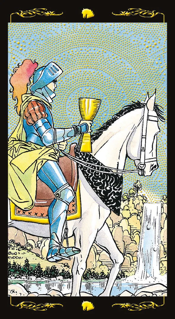 Colorful illustration of a knight on horseback with armor and a sword, holding a cup, against a decorative background.